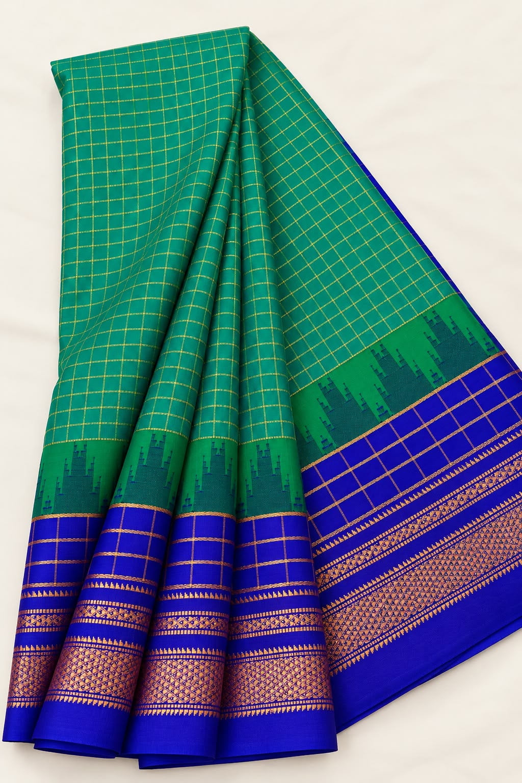 Emerald Green and Royal Blue Traditional Ilkal Temple  Boarder Saree with Golden Checks — Cotton-Silk Ilkal saree
