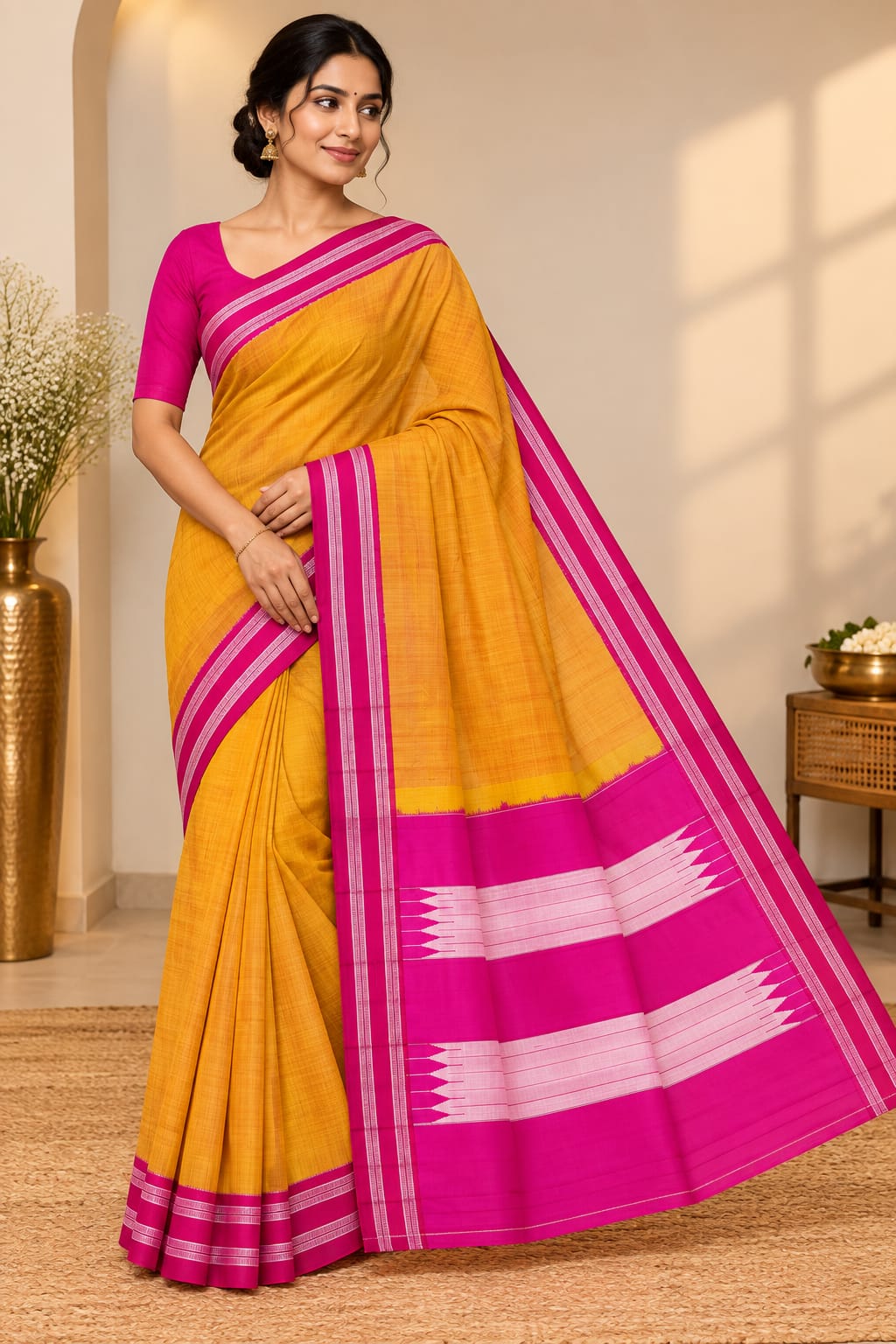 Pink Green Handloom Gayatri  Handloom Ilkal Saree — Silk Tissue Ilkal saree