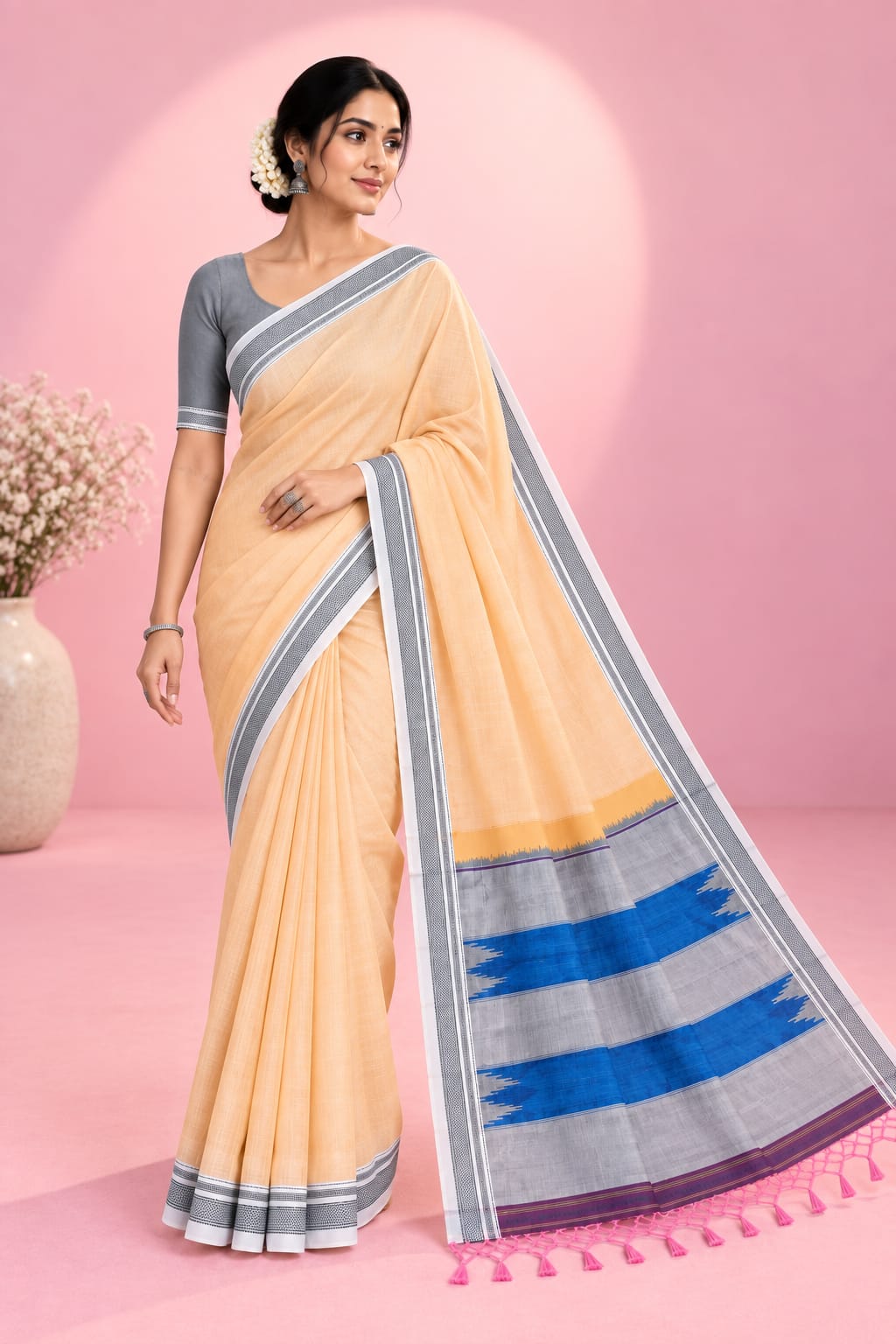 Peach Gold & Royal Blue Ilkal Pure Cotton Saree — Cotton-Silk Ilkal saree