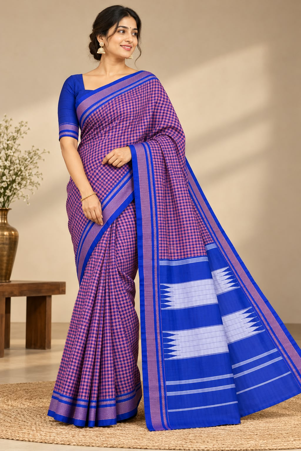 Royal Blue & Magenta Checks Traditional Ilkal Saree — Cotton-Silk Ilkal saree