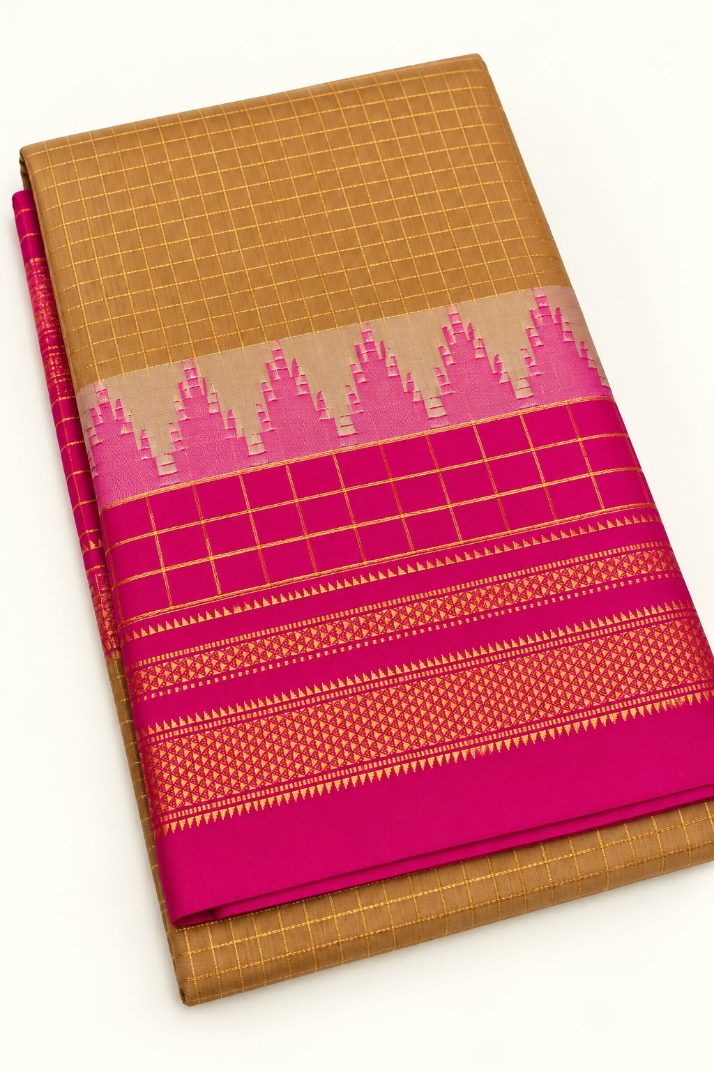 Mustard Gold Temple Boarder Saree with Rani Pink Border & Golden Zari Checks — Cotton-Silk Ilkal saree