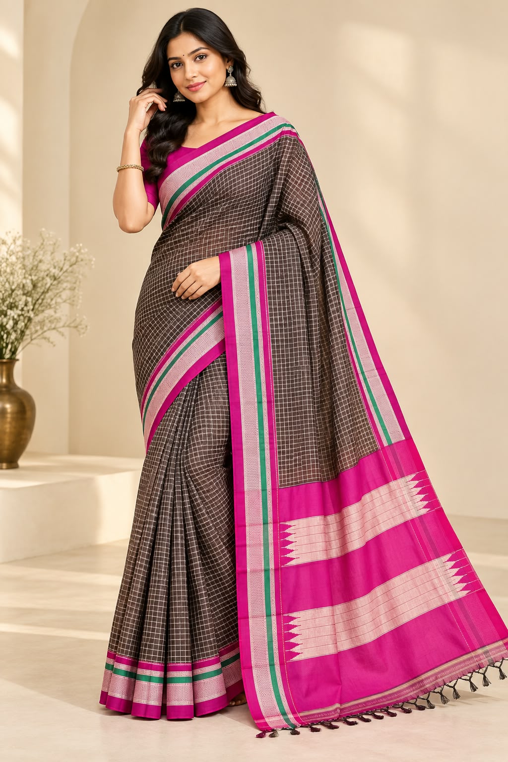 Charcoal Grey Checked Cotton Silk Ilkal Saree with Rani Pink Border — Pure Cotton Ilkal saree