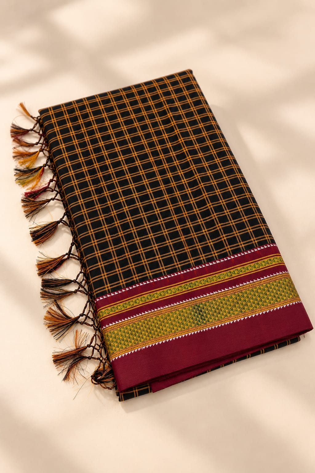 Royal Black & Maroon Checked Handloom Ilkal Saree — Silk Tissue Ilkal saree