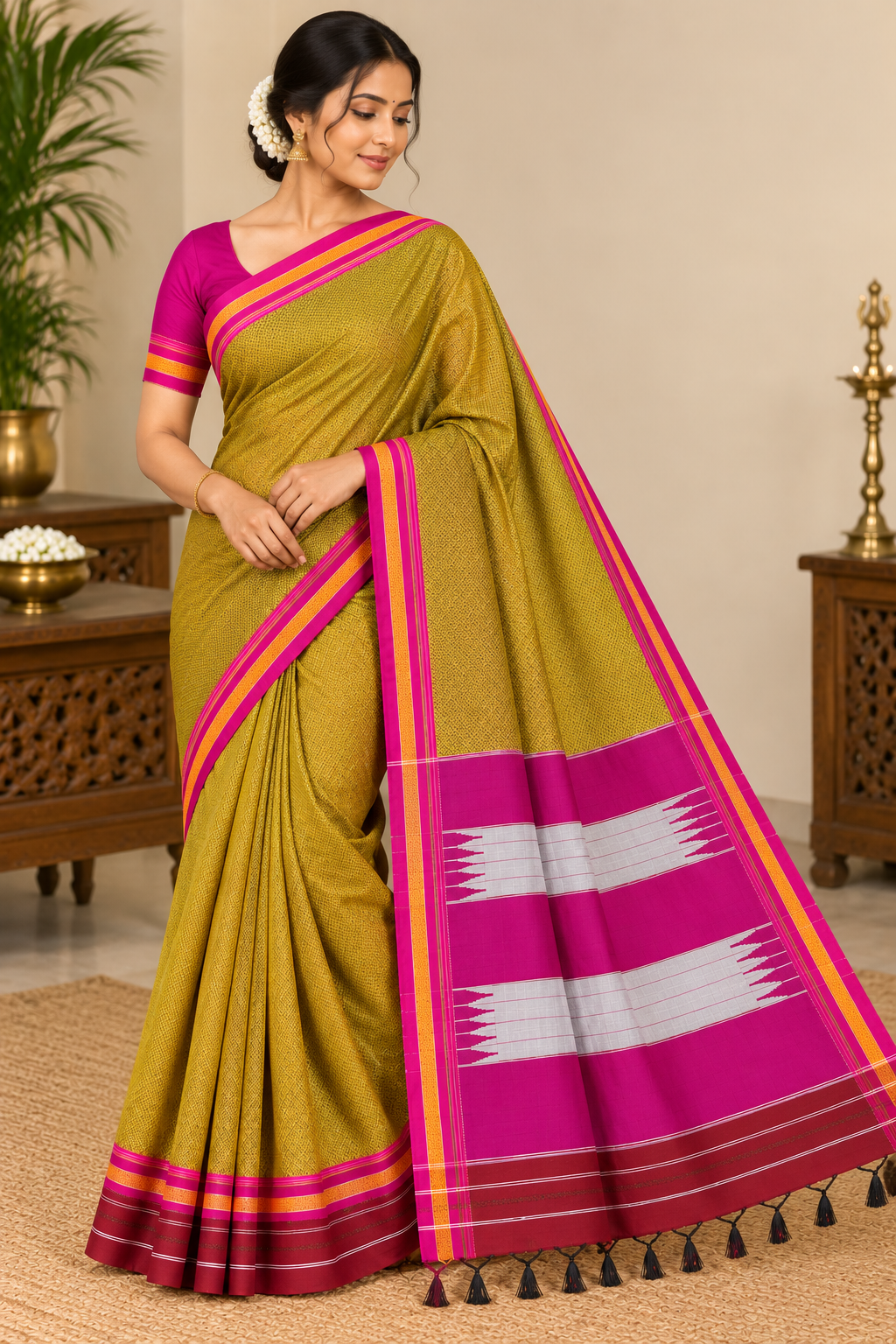Mustard Olive Green & Pink Ilkal Khun  Saree — Cotton-Silk Ilkal saree