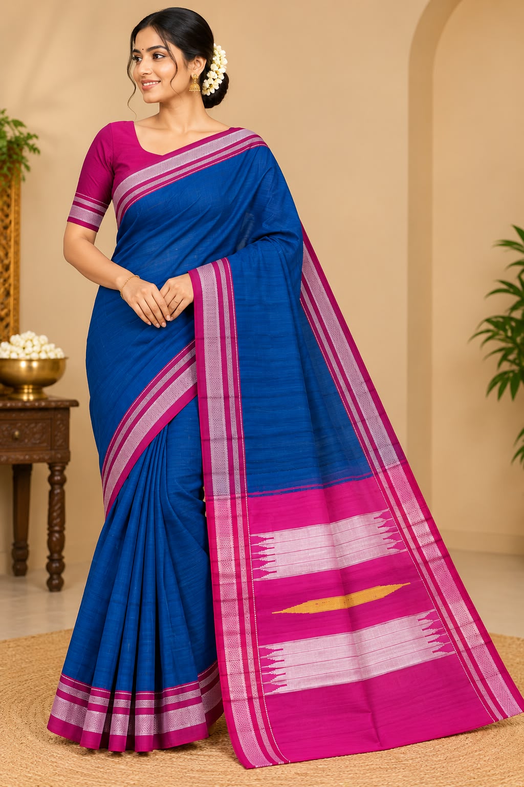 Royal Blue & Pink Traditional Ilkal Chikkifaras Handloom Saree — Viscose Cotton Ilkal saree