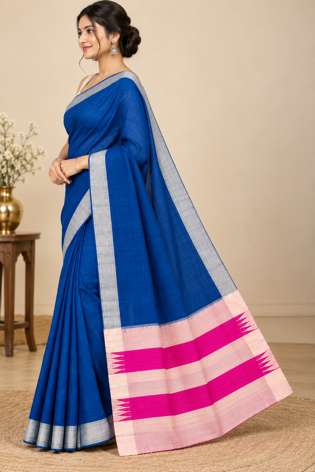 Royal Blue Pink Ilkal Handloom Saree with Silver Border — Viscose Cotton Ilkal saree
