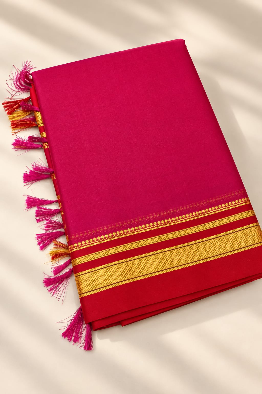 Traditional Pink and Red Ilkal Saree with Golden Zari Border — Viscose Cotton Ilkal saree