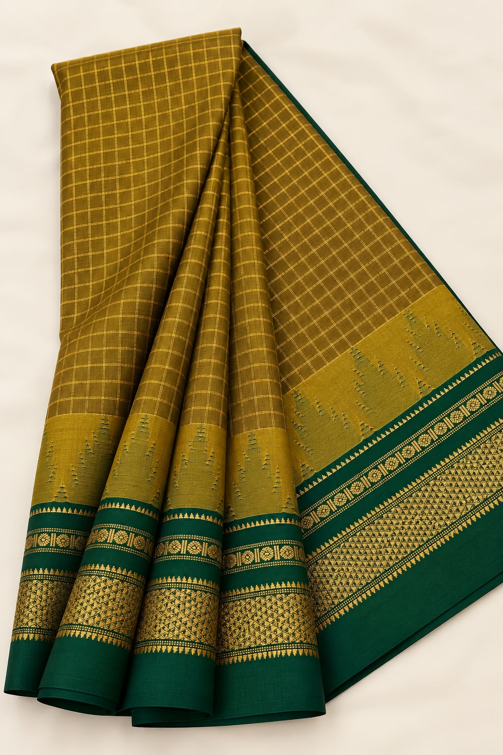 Olive Mustard  Saree with Emerald Green Border & Golden Zari Checks — Cotton-Silk Ilkal saree
