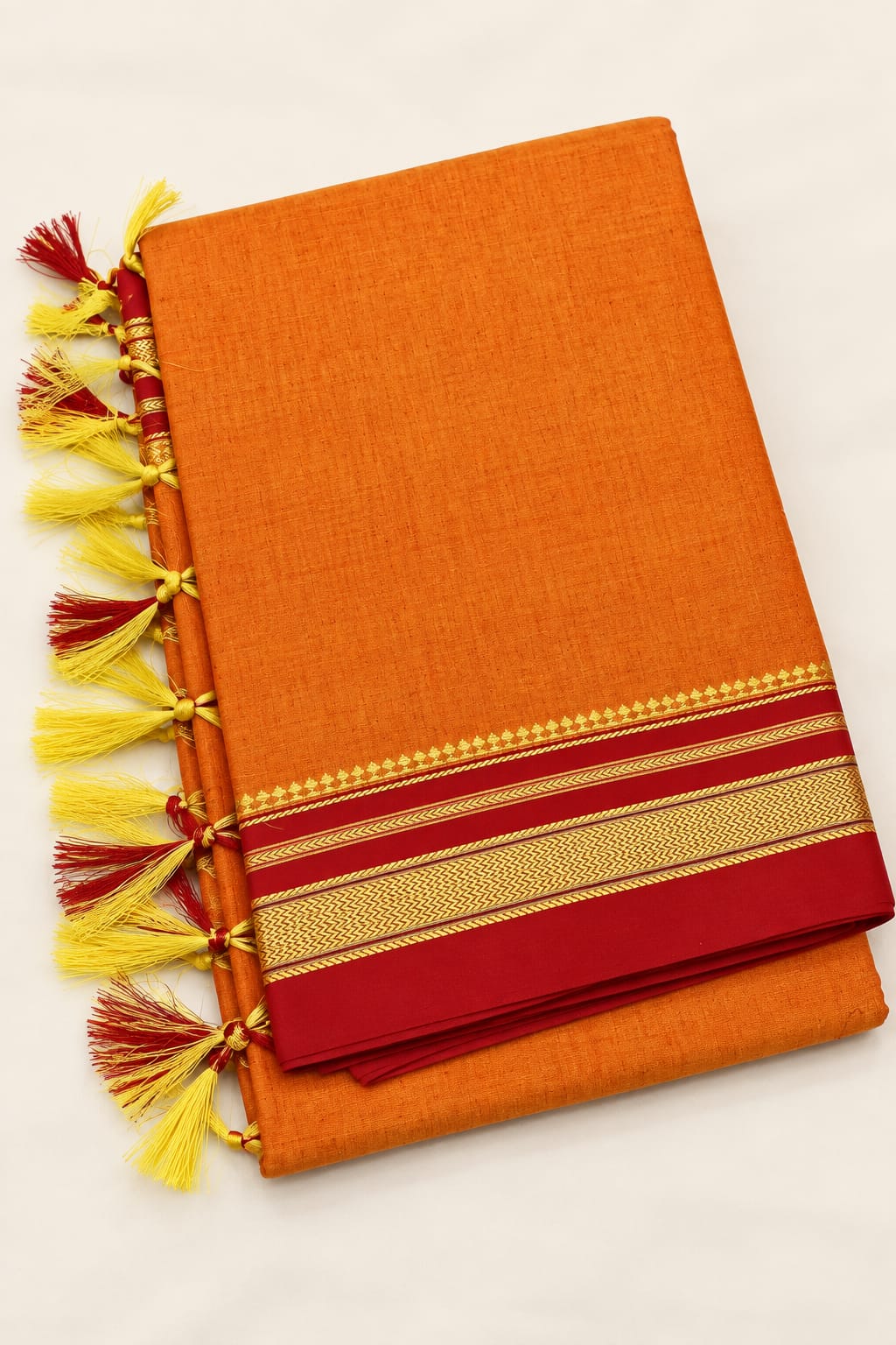 Traditional Mustard Orange Ilkal Saree with Red and Golden Zari Border — Viscose Cotton Ilkal saree