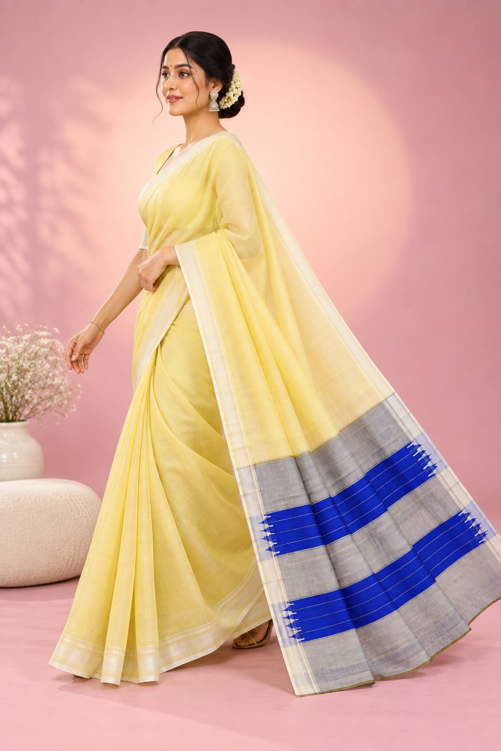 Sunshine Yellow & Royal Blue Viscos Cotton Ilkal Saree — Silk Tissue Ilkal saree