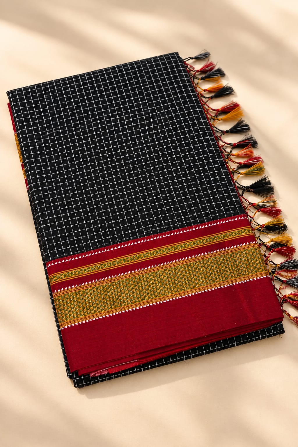 Crimson Red & Black Checked Ilkal Handloom Saree — Silk Tissue Ilkal saree