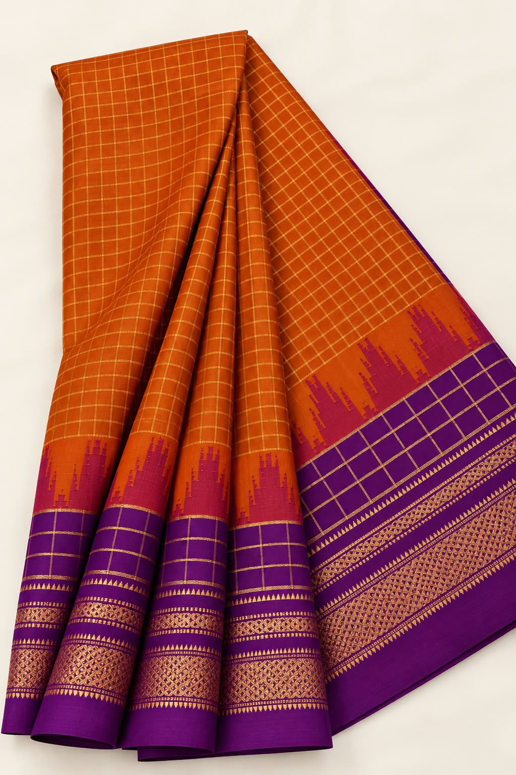 Rust Orange  Saree with Purple Checks & Traditional Golden Zari  Temple Border — Cotton-Silk Ilkal saree