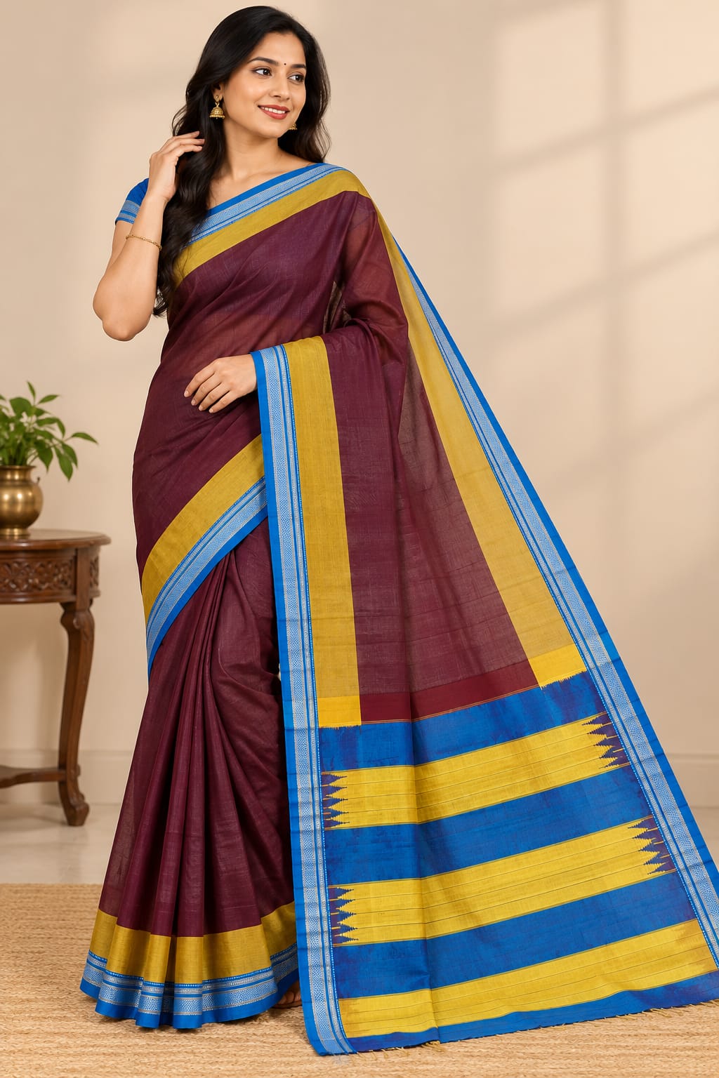 Handloom Cotton Wine Maroon & Mustard Blue Traditional Ilkal Saree — Cotton-Silk Ilkal saree