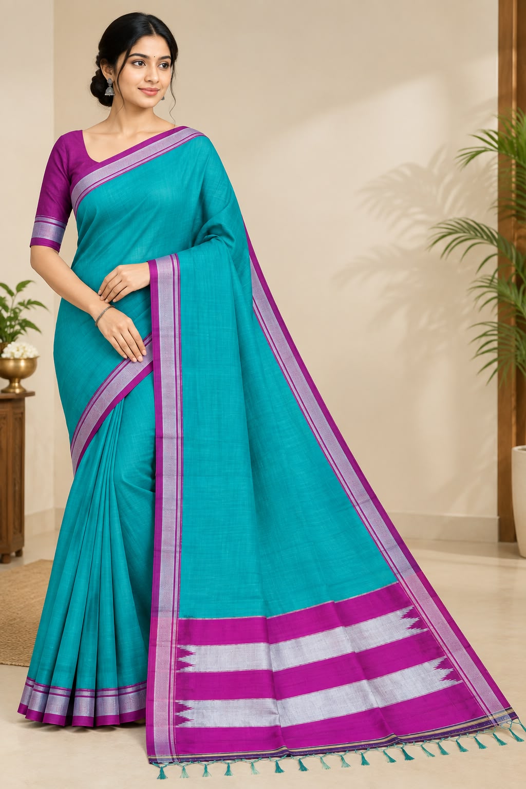 Elegant Turquoise Blue Ilkal Saree with Rich Magenta & Silver Border — Pure Cotton Ilkal saree