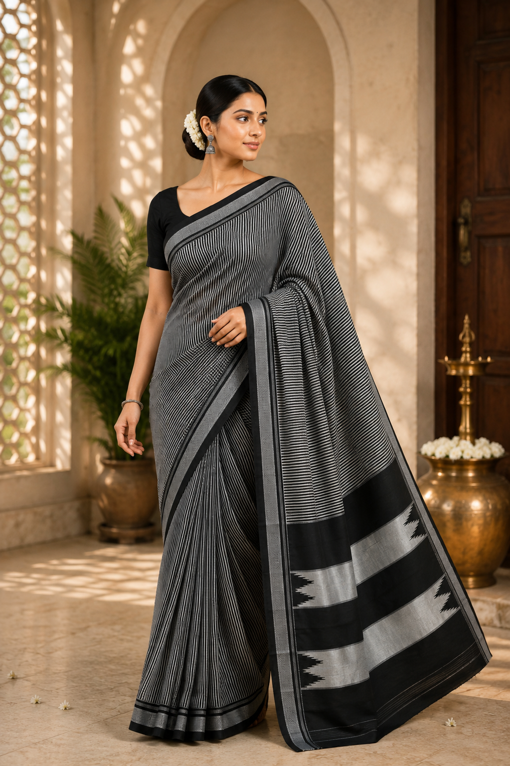 Striped Black Handloom Pure Cotton Ilkal Saree — Cotton-Silk Ilkal saree