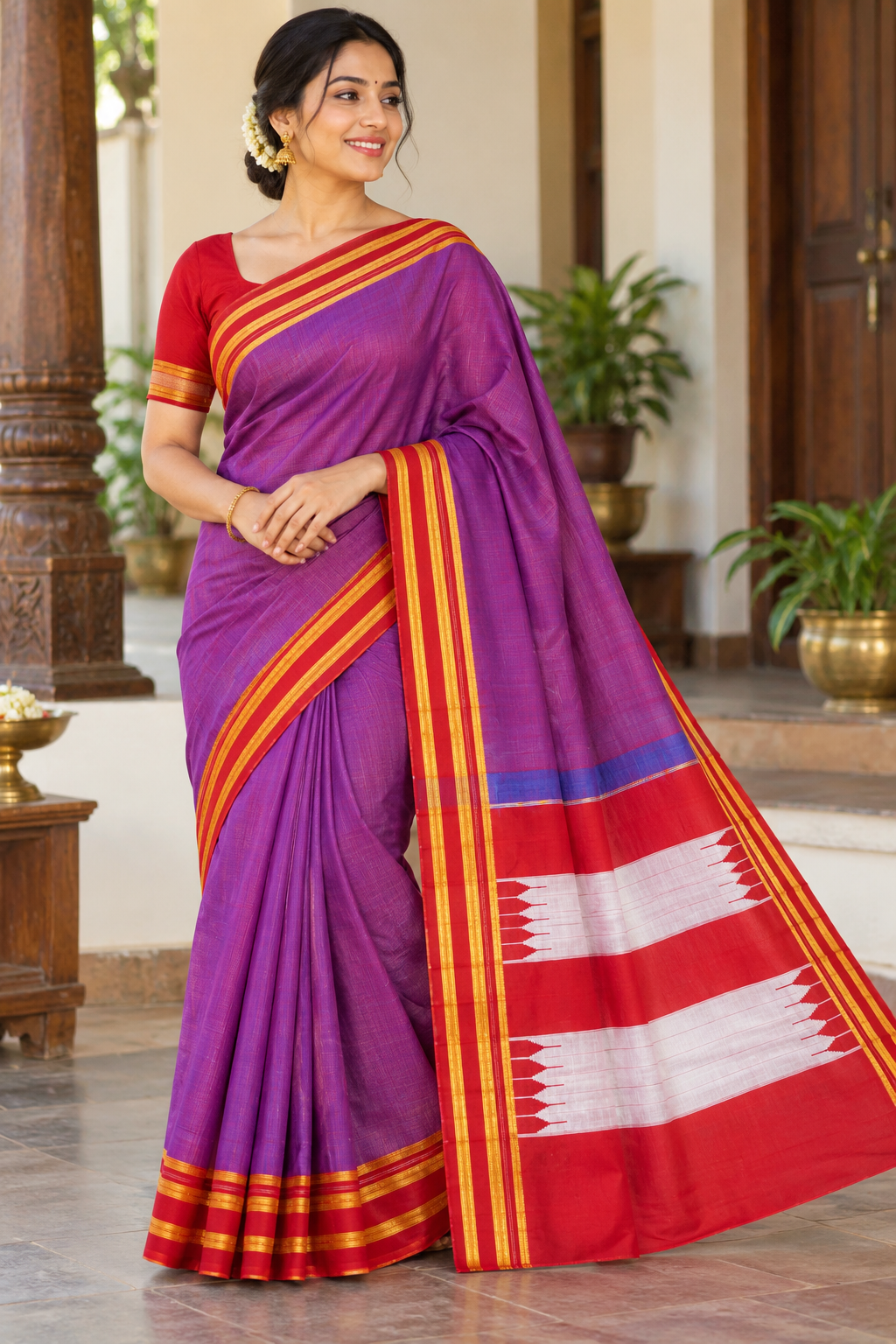 Purple & Red Ilkal Traditional Gayatri Boarder Handloom Saree — Viscose Cotton Ilkal saree