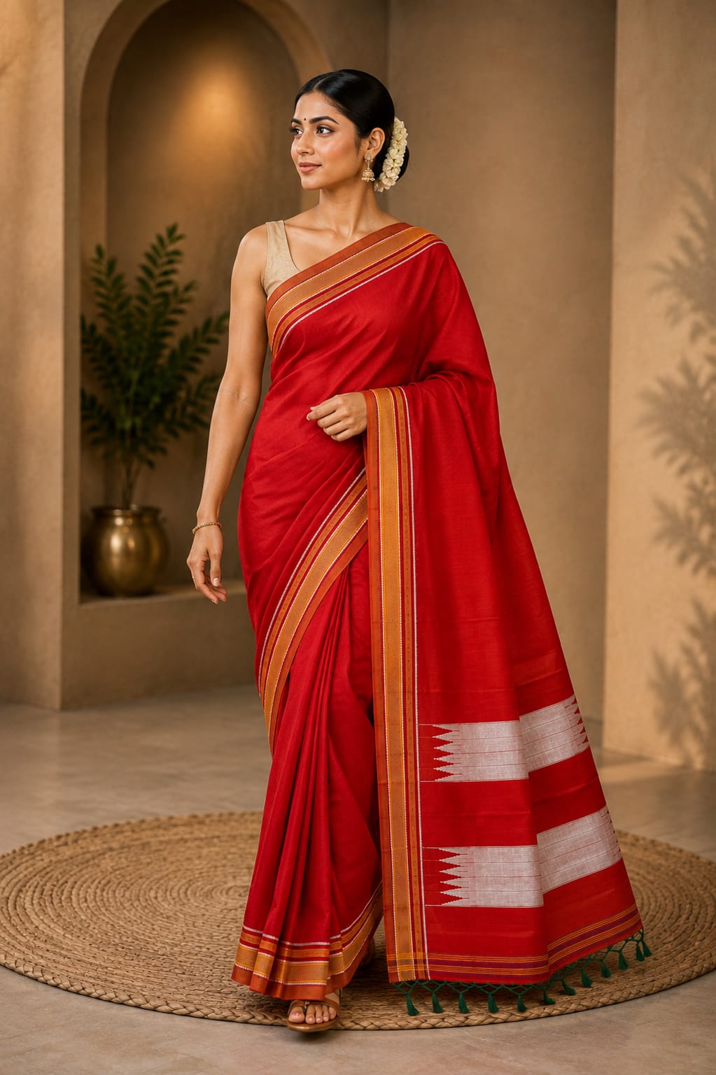 Red Traditional Pure Cotton silk Handloom Ilkal Saree