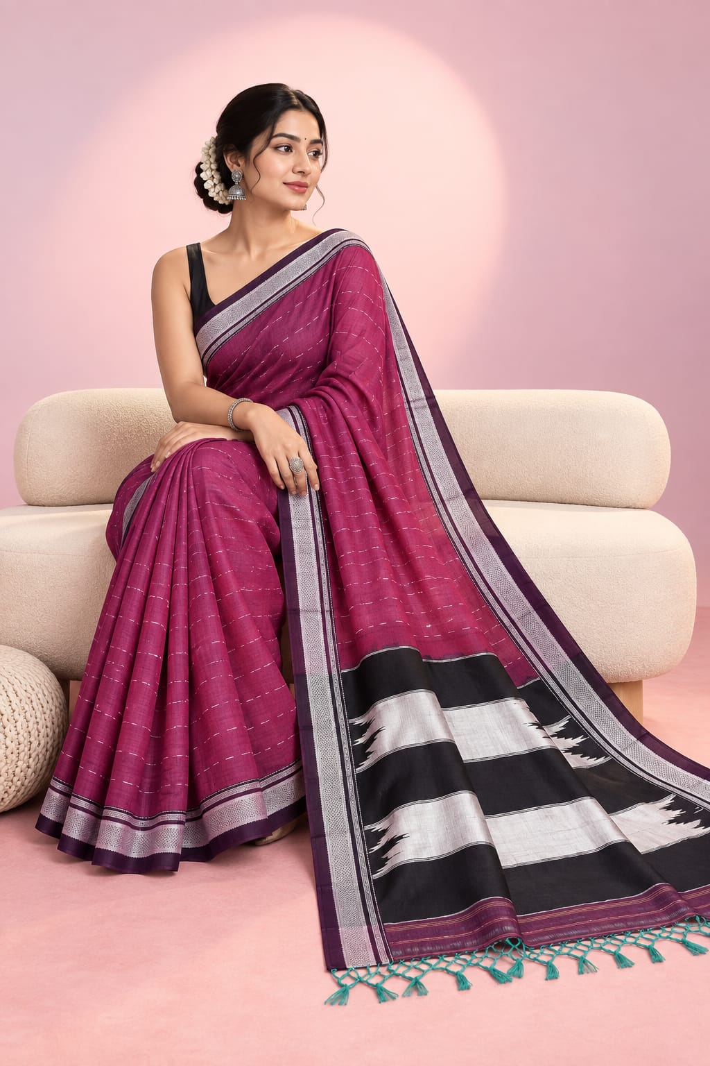 Magenta Pink & Black Silver Border Ilkal Handloom Saree — Cotton-Silk Ilkal saree