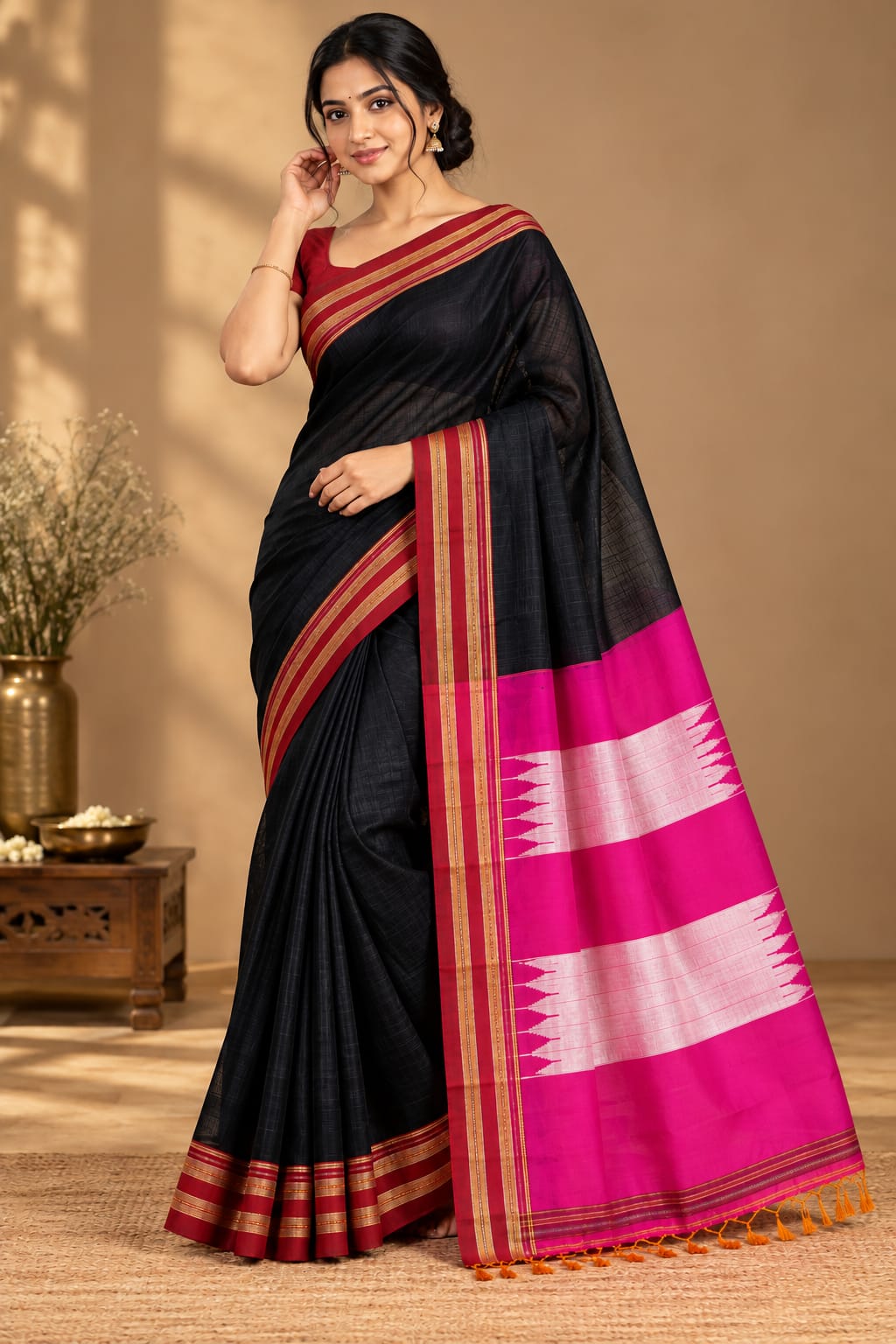 Black Maroon Handloom Gayatri Ilkal Saree — Viscose Cotton Ilkal saree
