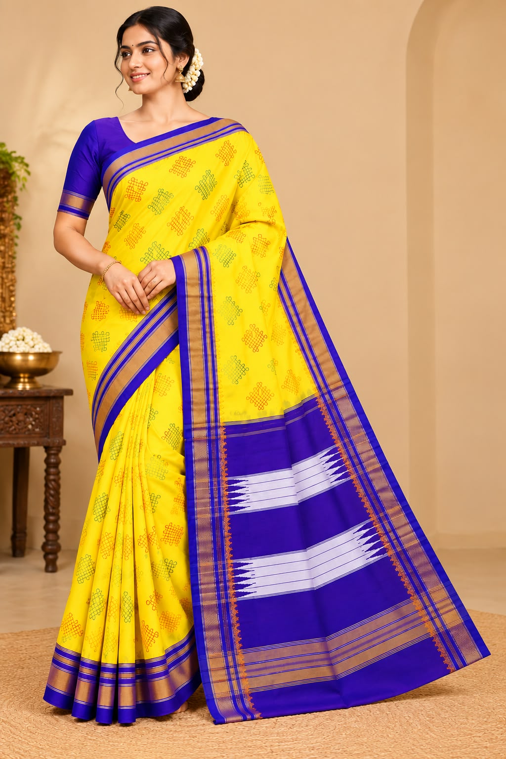 Royal Blue & Golden  Printed Yellow Handloom Saree — Cotton-Silk Ilkal saree