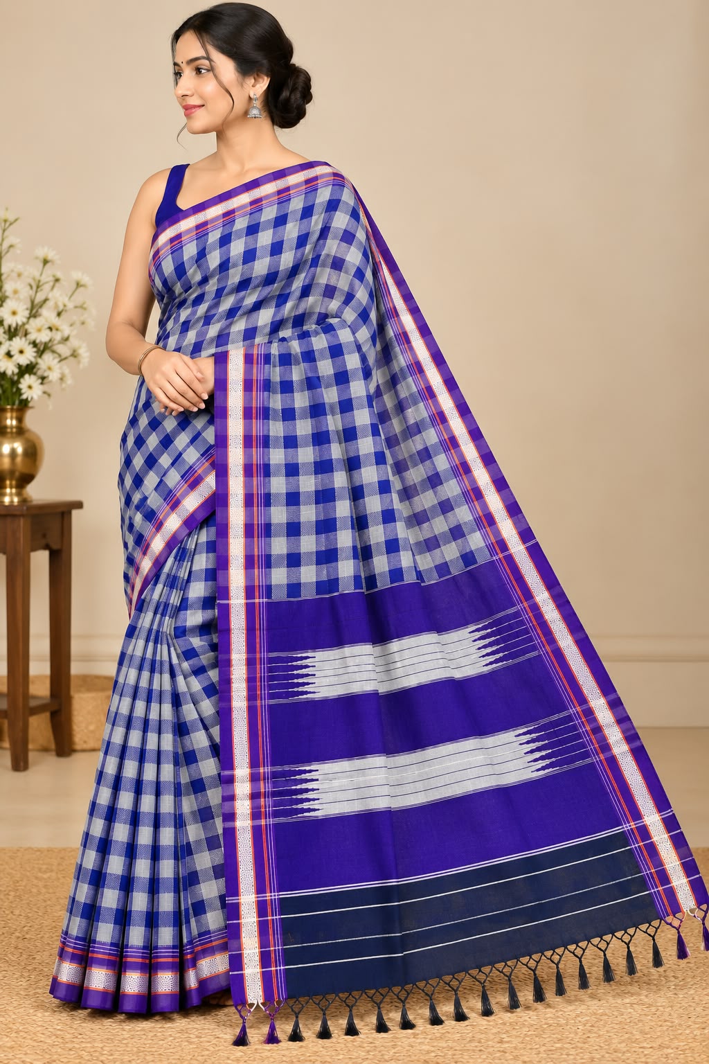 Royal Blue & White Checked Ilkal  Chex Khun  Saree — Silk Tissue Ilkal saree