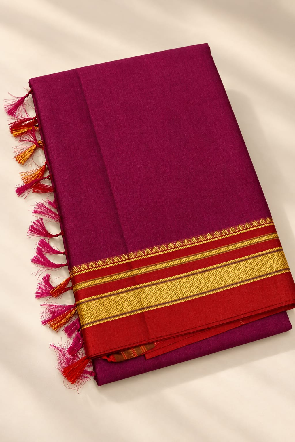Wine Purple Ilkal Saree with Red and Golden Zari Border — Viscose Cotton Ilkal saree
