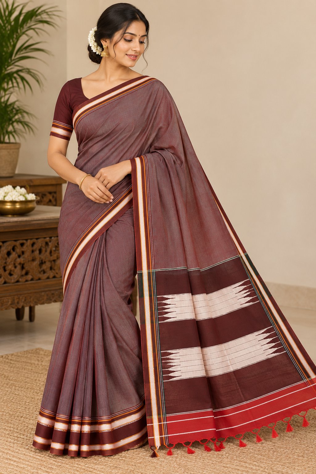 Elegant Maroon Brown Ilkal Khun Saree with Traditional Tope Pallu — Silk Tissue Ilkal saree