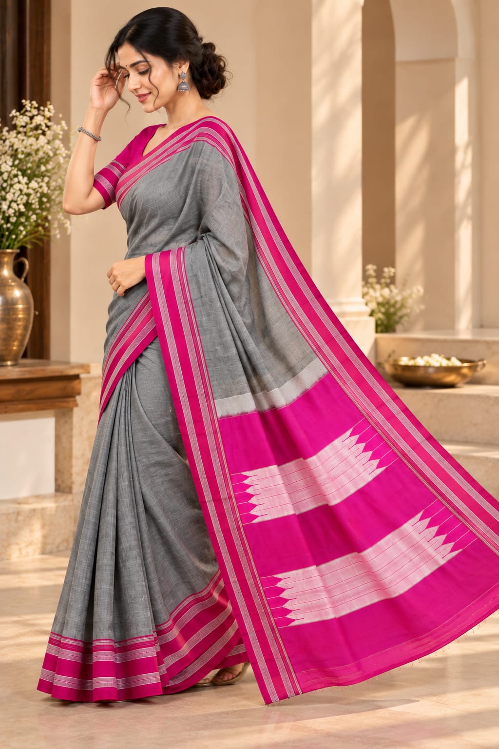Grey Pink Handloom Gayathri Ilkal Saree — Viscose Cotton Ilkal saree