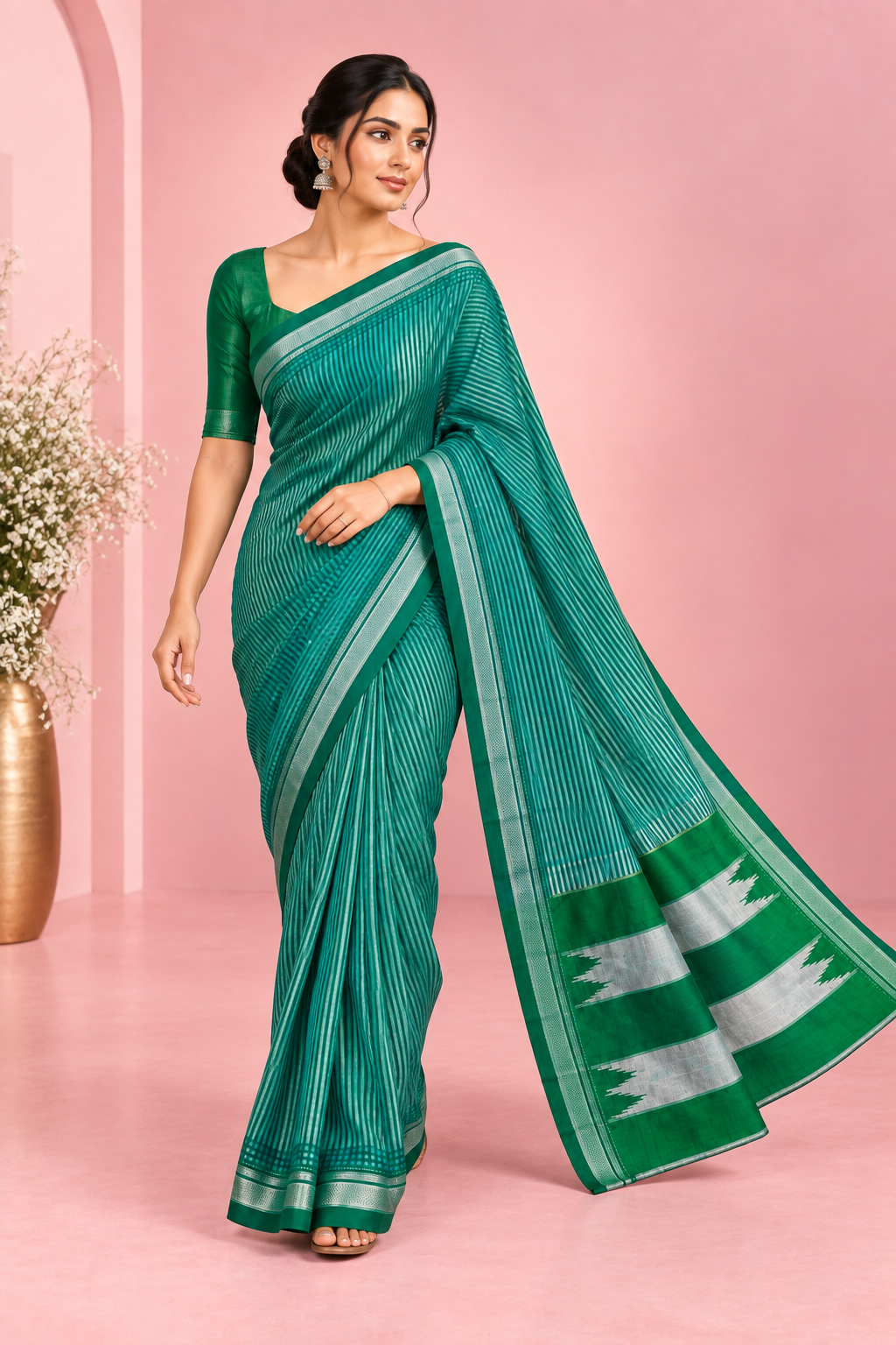 Striped Green Handloom Pure Cotton Ilkal Saree