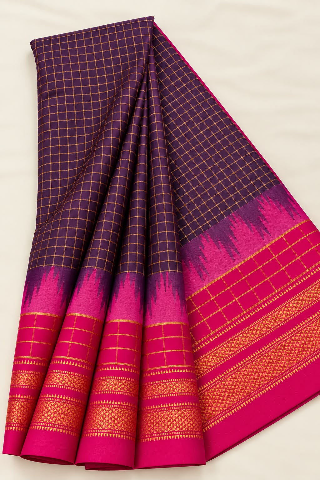 Premium Royal Purple Saree with Rani Pink Border & Golden Zari Checks — Cotton-Silk Ilkal saree