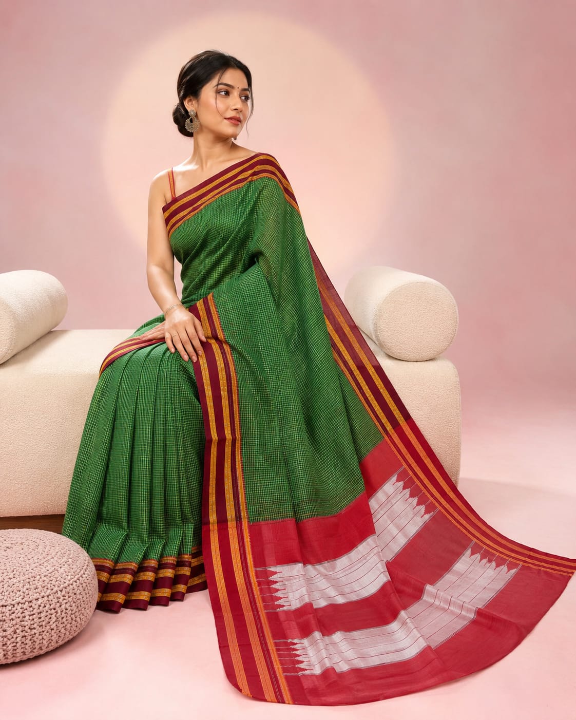 Green Chex Handloom Gayatri Ilkal Saree — Viscose Cotton Ilkal saree