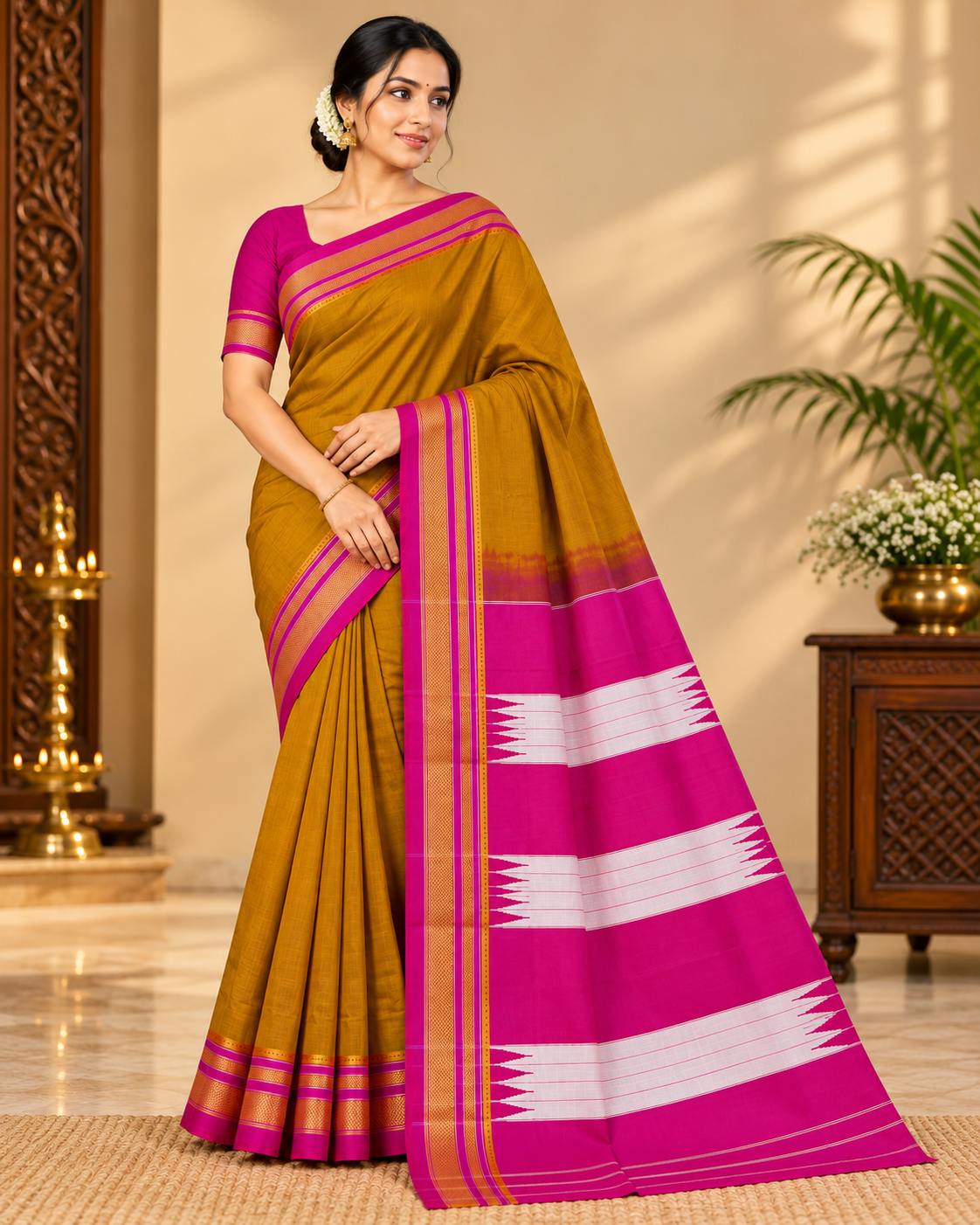 Mustard Gold & Magenta Ilkal Saree with Traditional Tope Teni Pallu — Cotton-Silk Ilkal saree